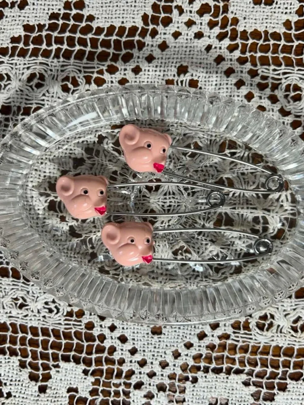 Vintage Pink Pig Head Diaper Safety Pins - Set of 3